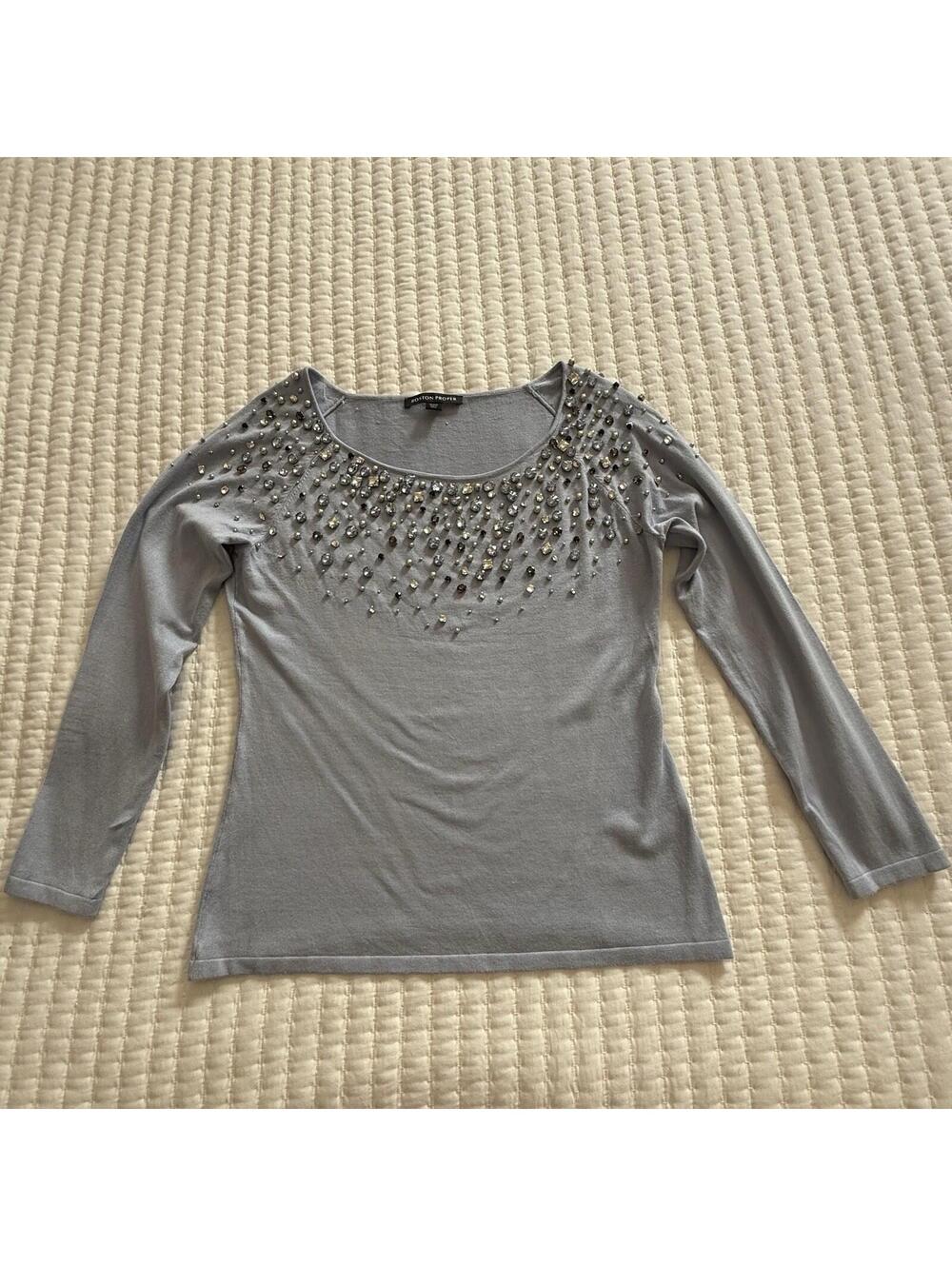 Boston Proper Blue Embellished Rhinestone / Beaded Neckline Sweater Sz M Medium